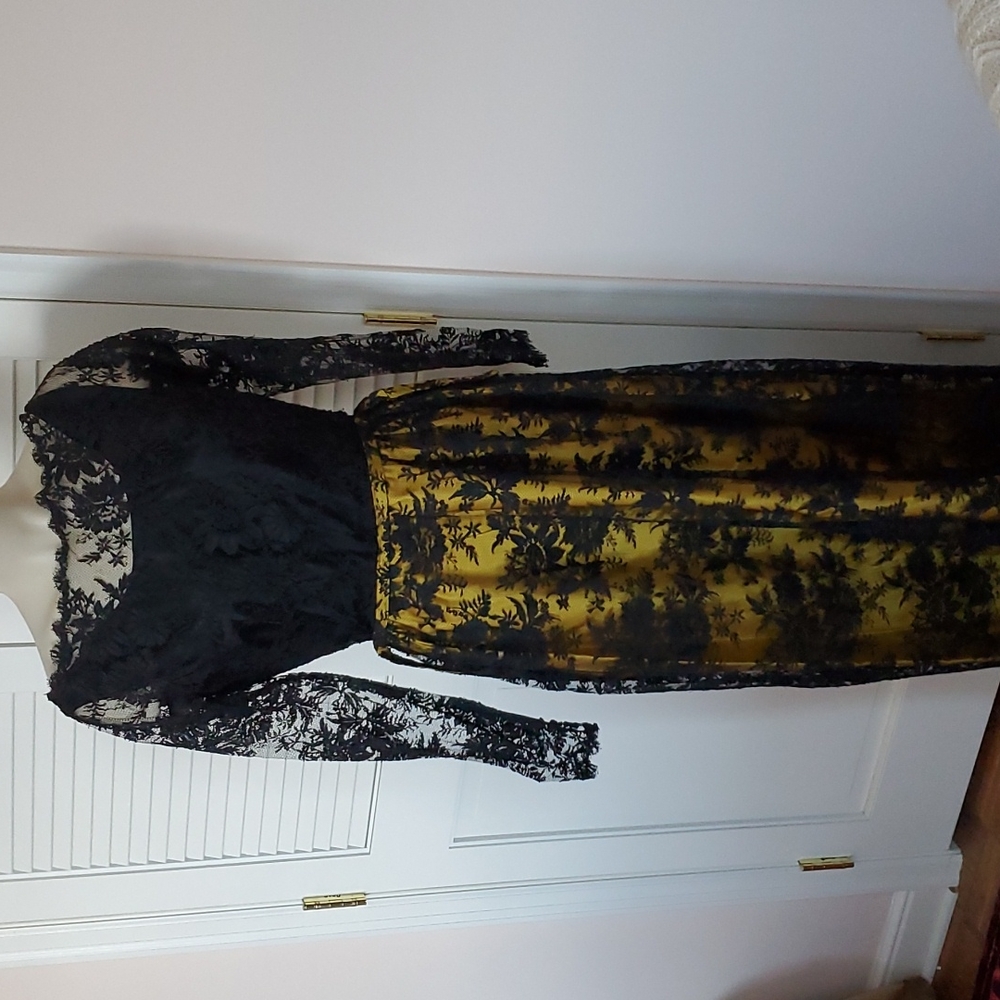 Black lace and chartreuse satin gown